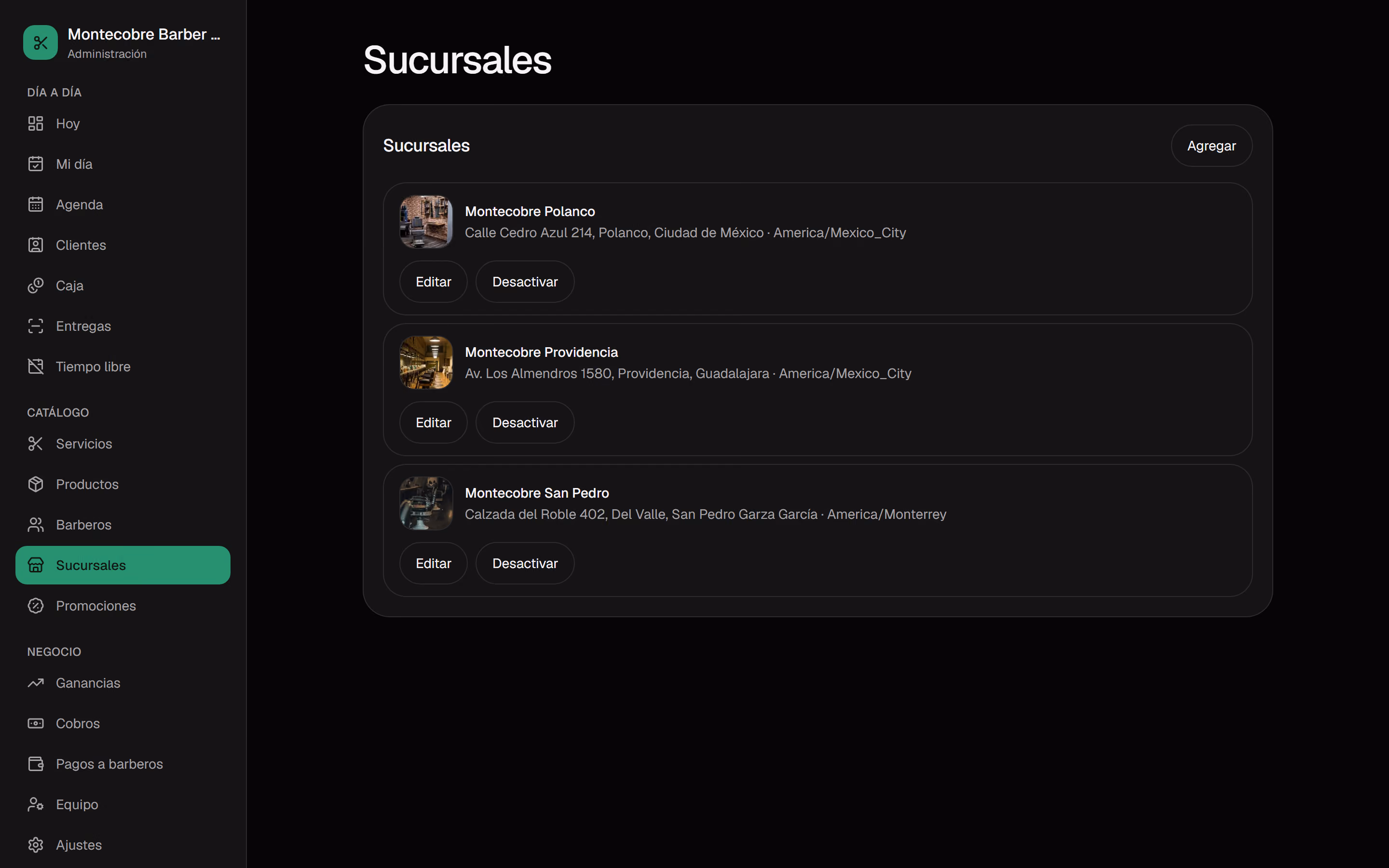 Lista de sucursales de la barbería en el panel.