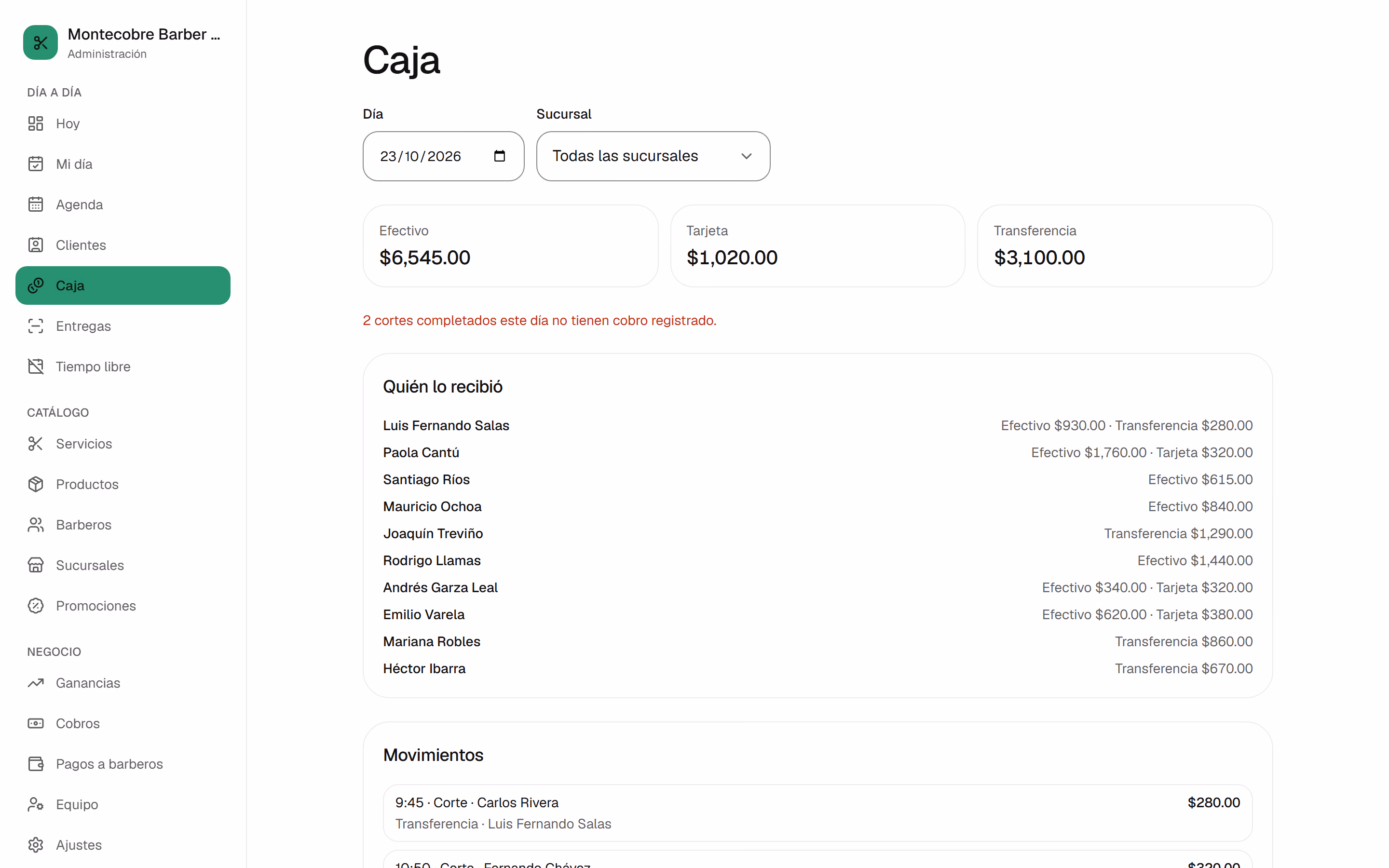 Caja del día: totales por método, por persona y cada movimiento.
