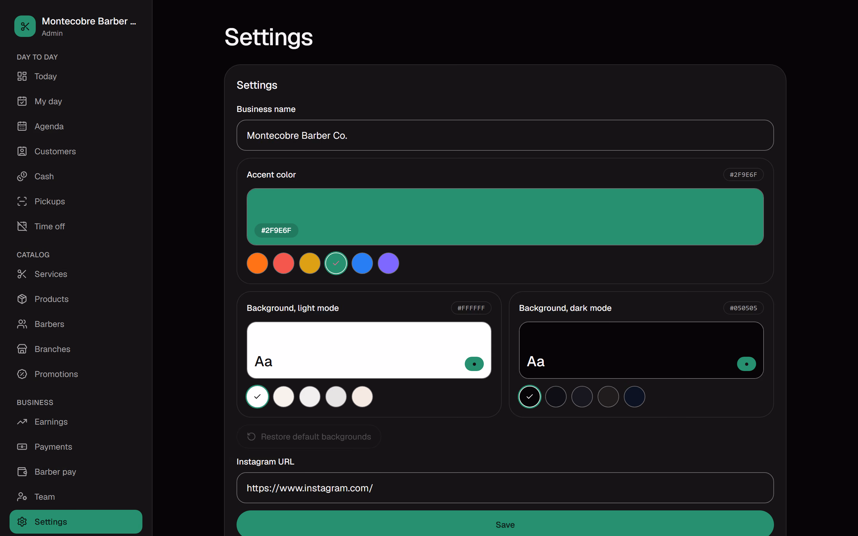 Settings: choosing the shop's theme color.
