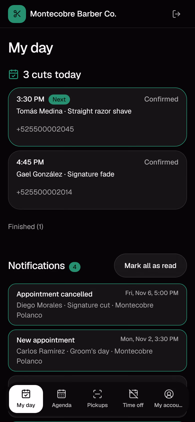 My day: the barber's appointments in order, on a phone.