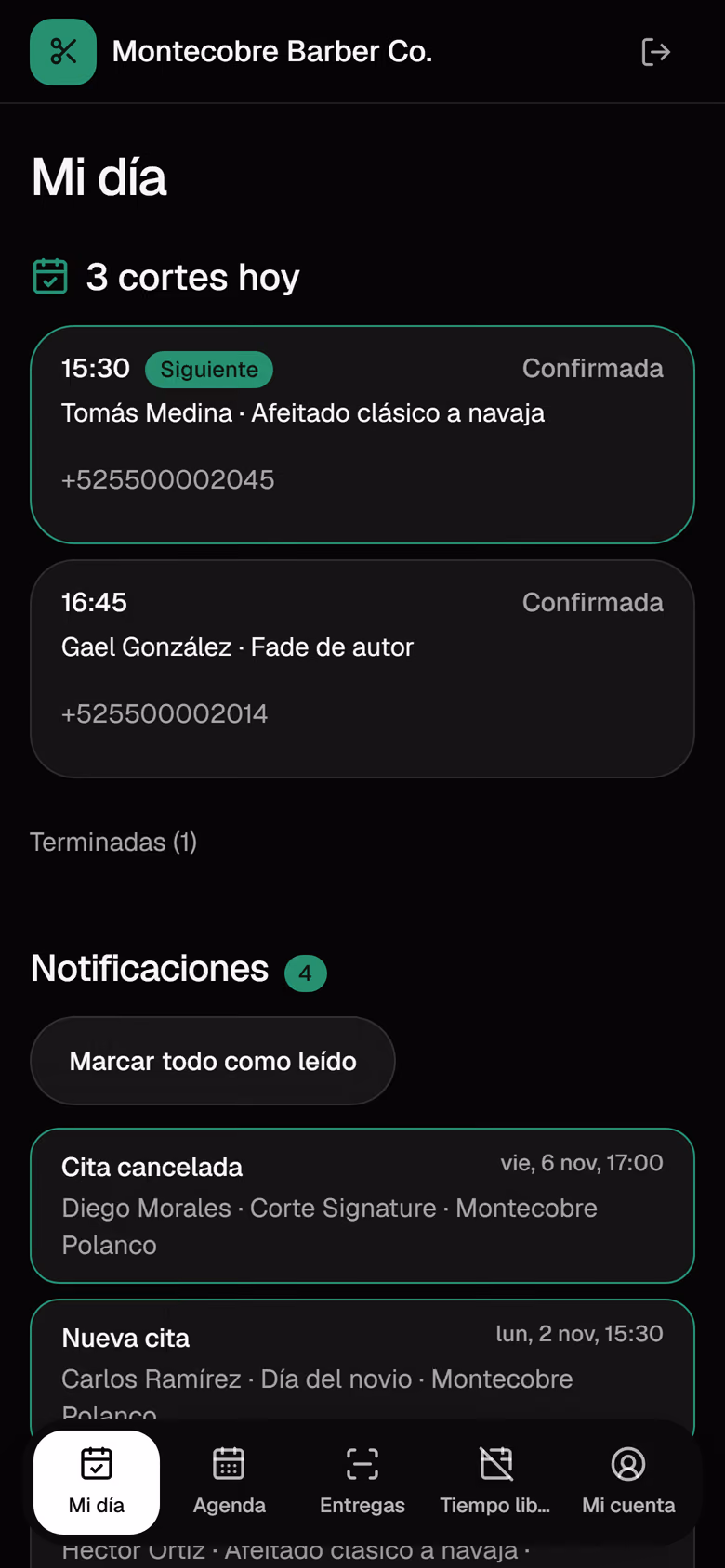 Mi día: las citas del barbero en orden, en el teléfono.