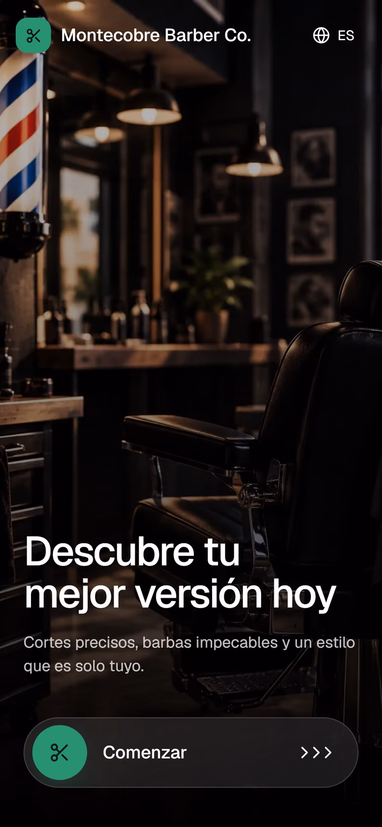 Pantalla de bienvenida de Montecobre Barber Co. en un teléfono: foto de la barbería y el botón para empezar.
